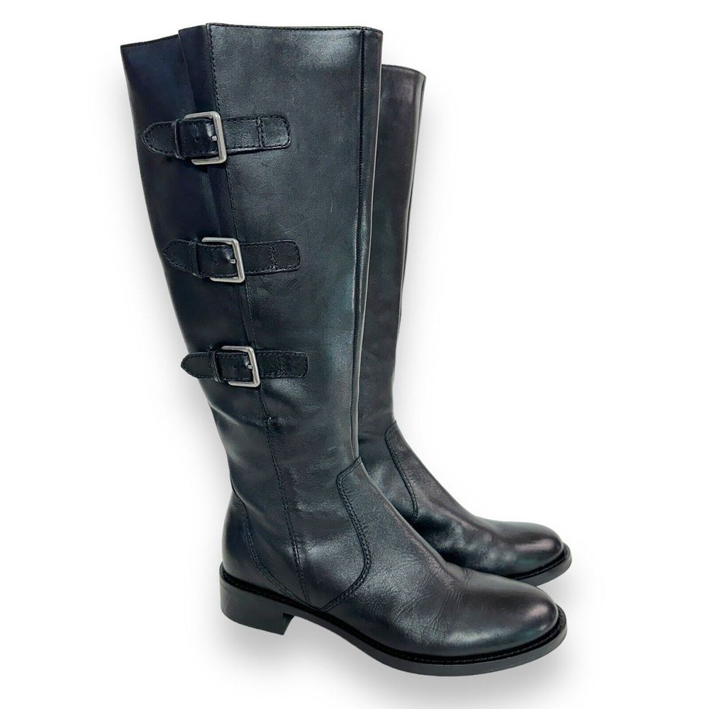 ECCO Knee High Boots Sz 38 7-7.5 Hobart Harness Riding Black Leather Equestrian